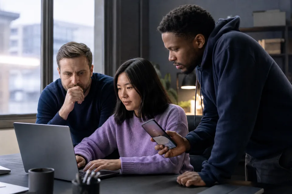 Three engineers reviewing an on-call schedule and an alert on a laptop and phone