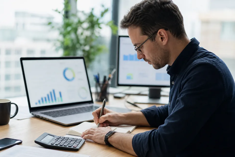 Platform engineer estimating a monthly on-call tooling bill with a laptop and a notebook