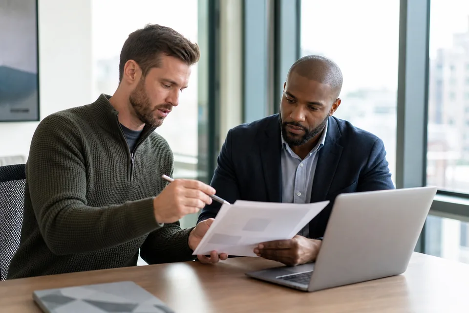 Engineering lead and an IT manager reviewing an incident tool contract next to a laptop