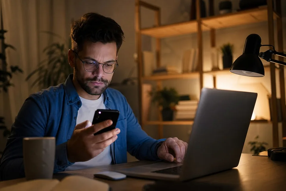 On-call engineer checking a test page on a phone beside a laptop at night